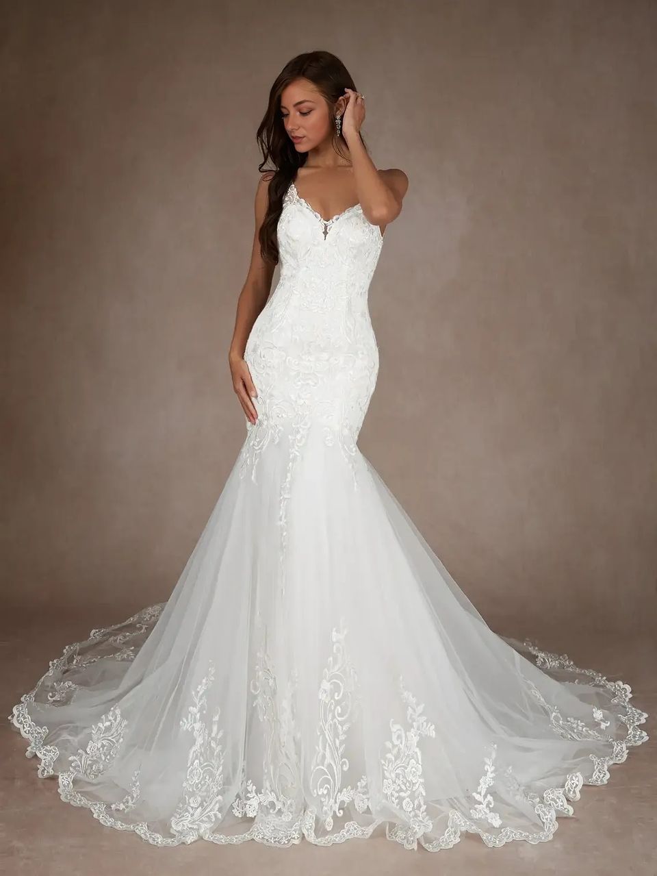 Mermaid V-Neck Sequins Tulle Cathedral Train Dress Diamond White