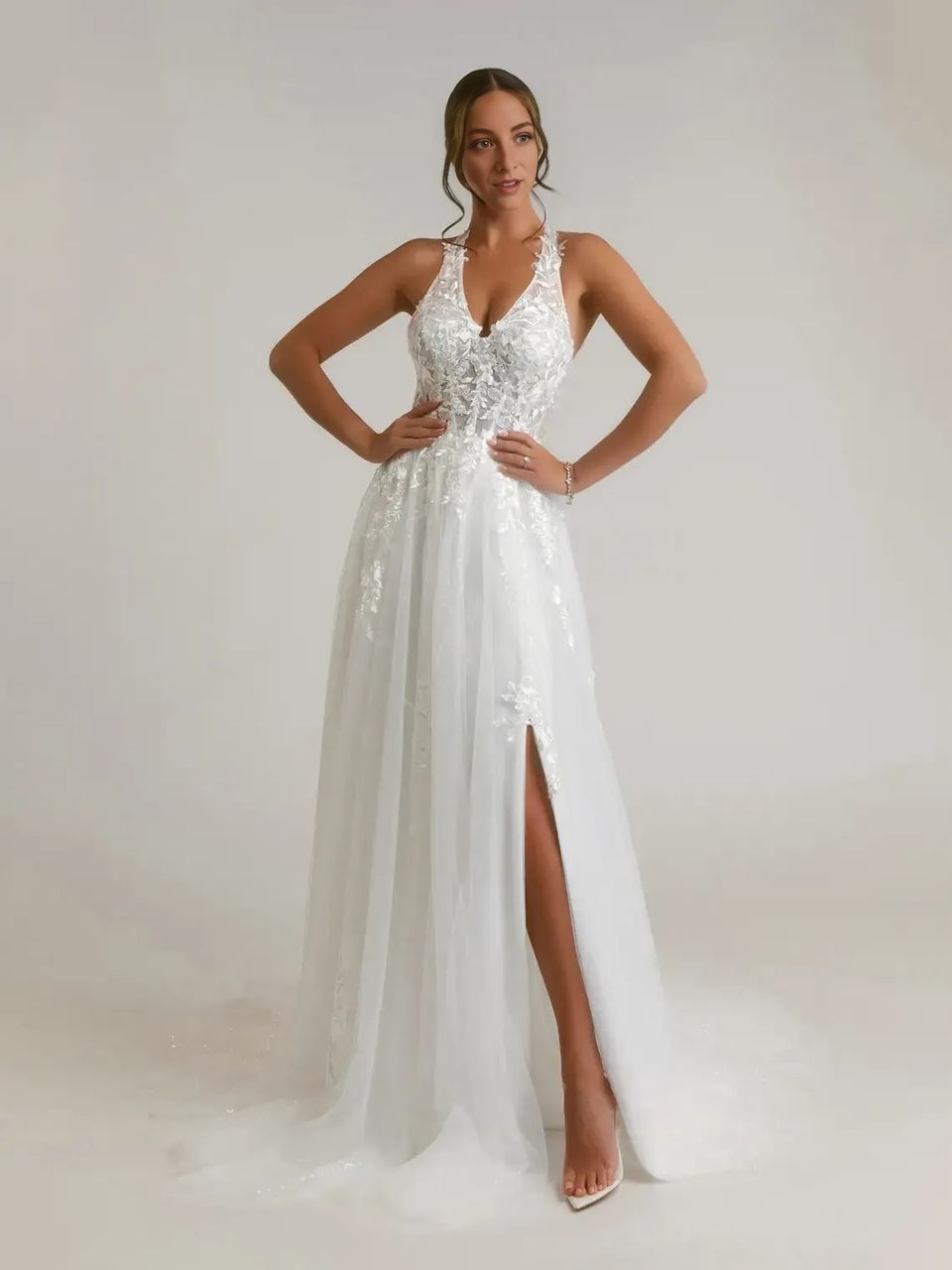 A-Line Halter Sequins Tulle Chapel Train Dress Diamond White